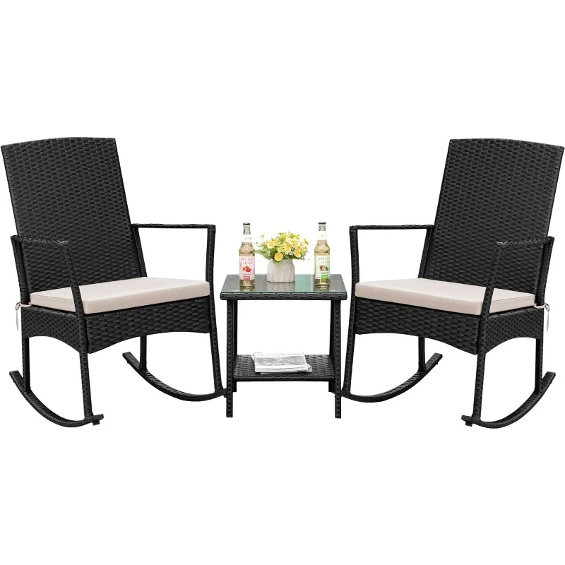 Rocking Chair Outdoor PE Rattan Patio Chairs with Glass Table High Back Porch Rocker for Balcony, Garden, Backyard (Beige)