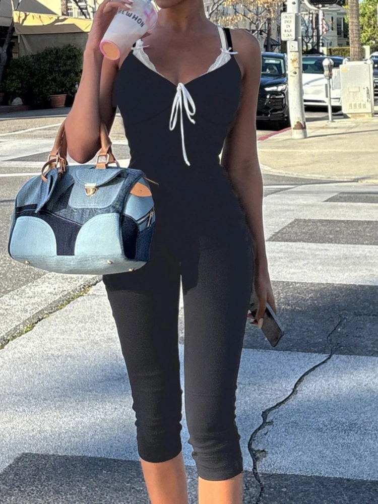 SsTss ストリートスタイル カラーブロック スパゲッティストラップ ジャンプスーツ ファッション タイアップ フロント Vネック ノースリーブ スリム カプリパンツ ワンピース ロンパース
