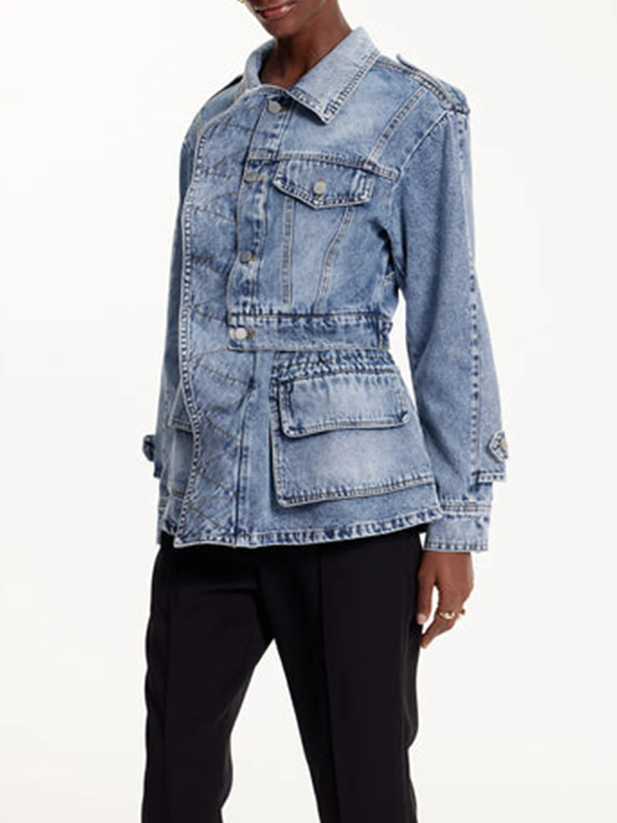 VGH Casual Ruffle Solid Denim Jackets For Women Lapel Long Sleeve Spliced Button Spring Temperament Jacket Female Fashion New