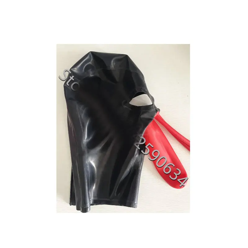 

Сексуальная латексная фетиш-капюшон ручной работы, маска с открытыми глазами и красным ртом, длинная носовая трубка, молния сзади