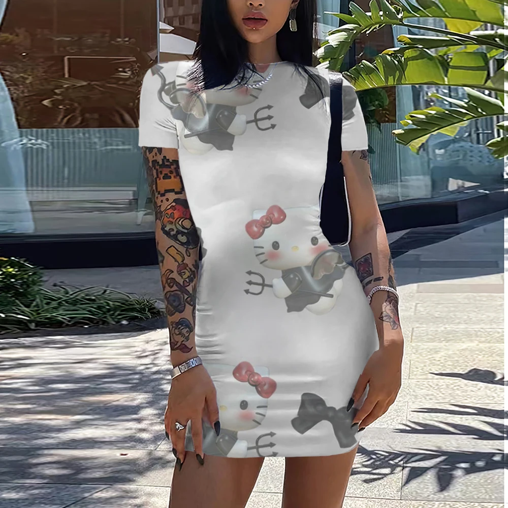 4XL 5XL LW Plus Size Round Neck Bodycon Long Dress Summer Women Elegant Hello Kitty 3D Printed Short Sleeve Bodycon A line Dress