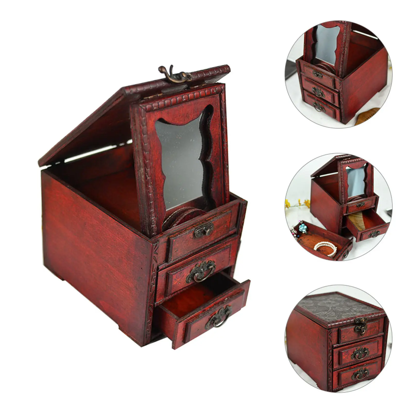 

Chinese Style Wooden Jewelry Box with Mirror Jewelry Storage Organizer Case for Rings Necklaces Earrings Anti-Dust Gift for Her