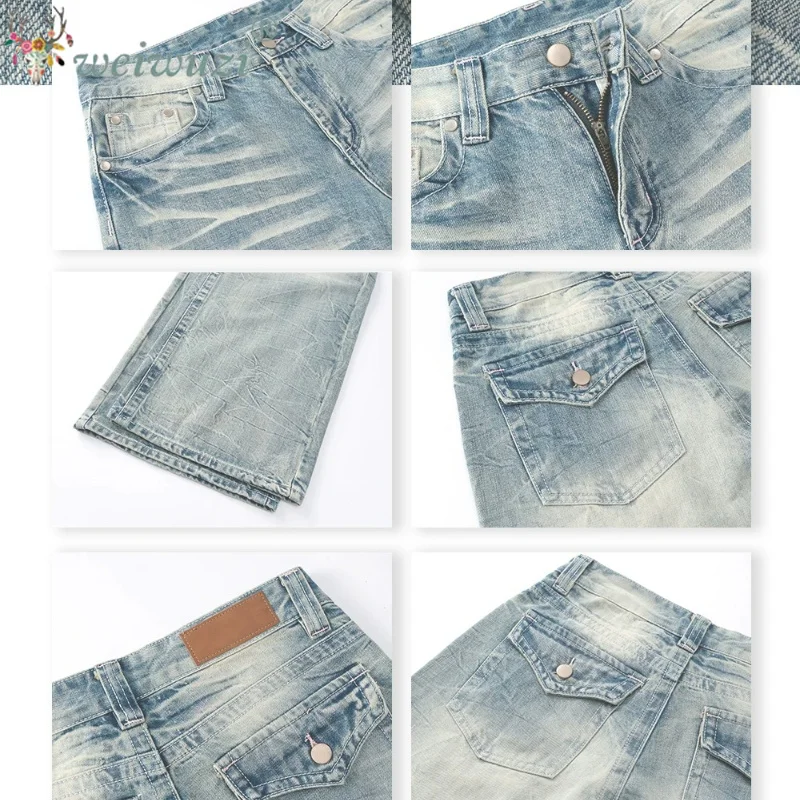 Women Low Rise Light Blue Washed Jeans Cracked Finish Craft Generous Wide Leg Loose Fit Vintage Washed Denim Trousers Streetwear