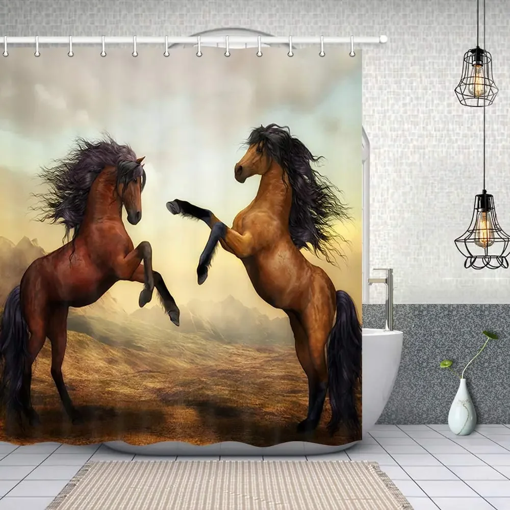 Retro Farmhouse Western Animals Shower Curtains Vintage Style Horse in Wild West Desert Polyester Fabric Bathroom Curtain Sets