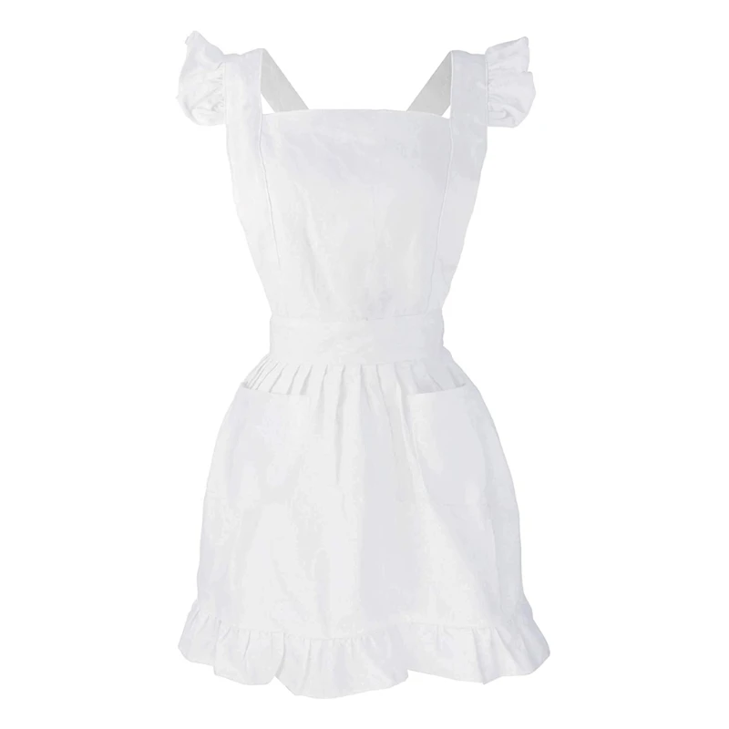

Womens Girls Outline Retro White Apron with Pockets Adjustable Victorian Bib Maid Cosplay Kitchen Baking Dropship