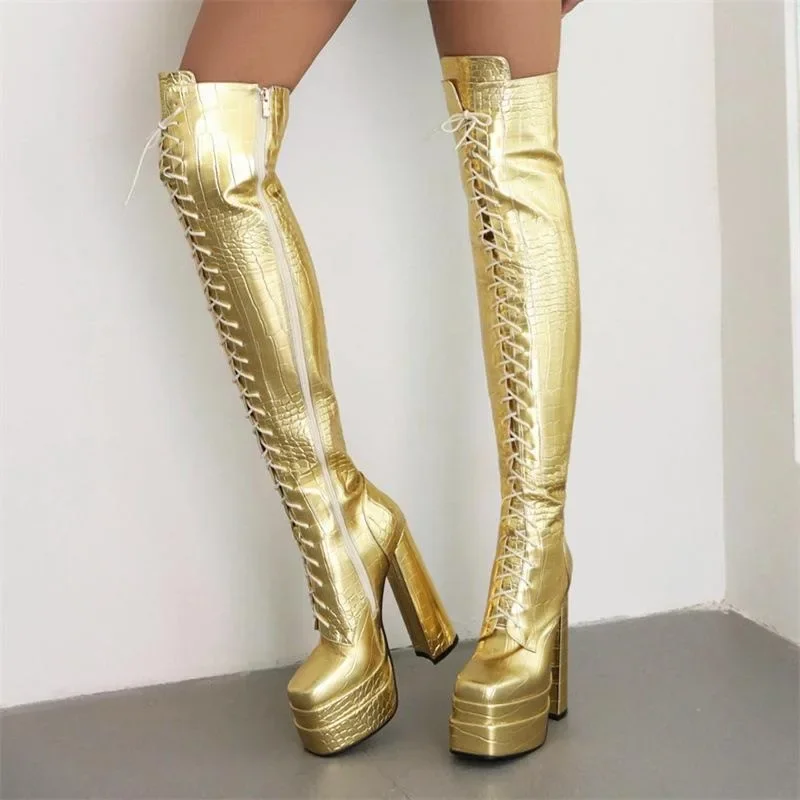 

Fashion Women's Boots Over The Knee Bohemian Fashion Boot Square Heel Winter Side Zipper Evening Dress Shoes Princess Women Shoe