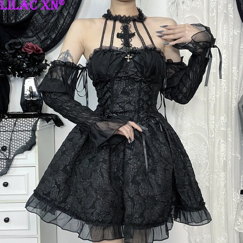 

Goth Sexy Cross Lace Long Sleeve Off-Shoulder Halter Mini Dress Y2K Vintage Black Lace-up Backless A-Line Party Dresses Women