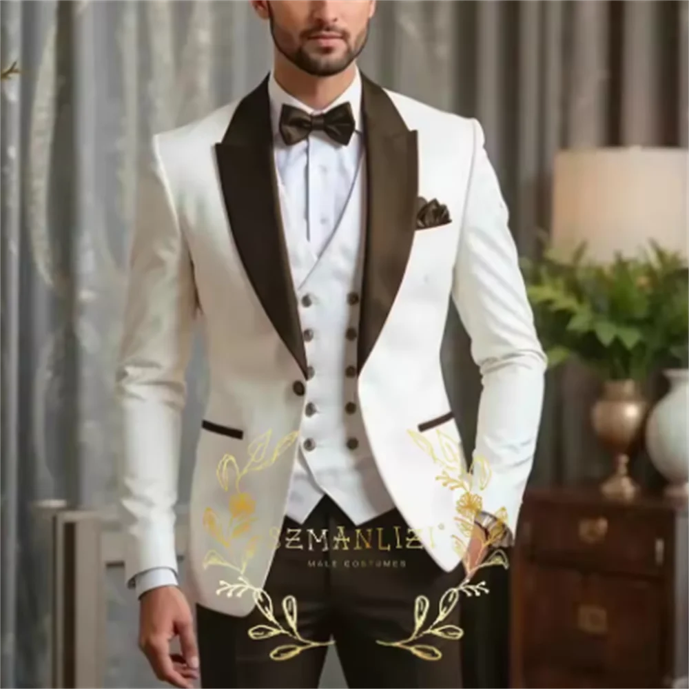 جديد الرجال البدلة مجموعات مأدبة رسمية فاخرة العاج السترة سترة بورجوندي السراويل وتتسابق الزفاف العرسان مخصص موضة سليم صالح ازياء
