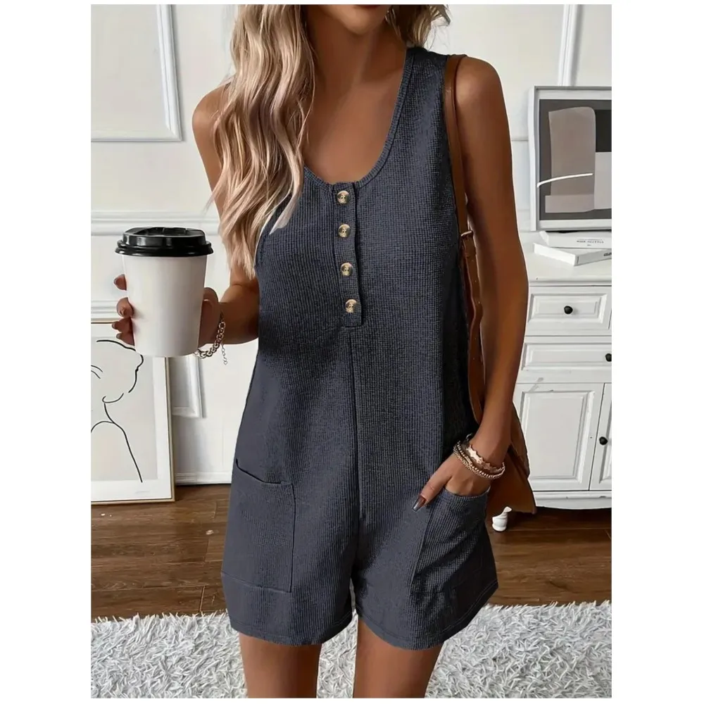 

2025 Summer New Jumpsuits Casual Commuter Sleeveless V-neck Solid color with Button Pocket Sexy Vest Jumpsuit Women's Clothing