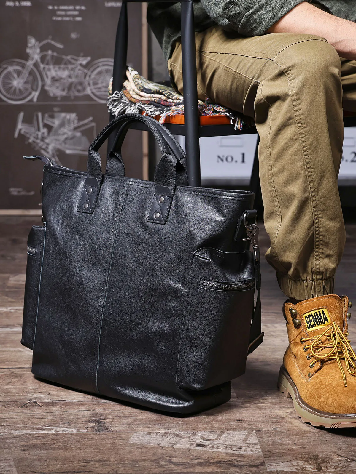 Organizers designers handmade genuine leather men's large-capacity briefcase business casual cow leather black laptop handbag