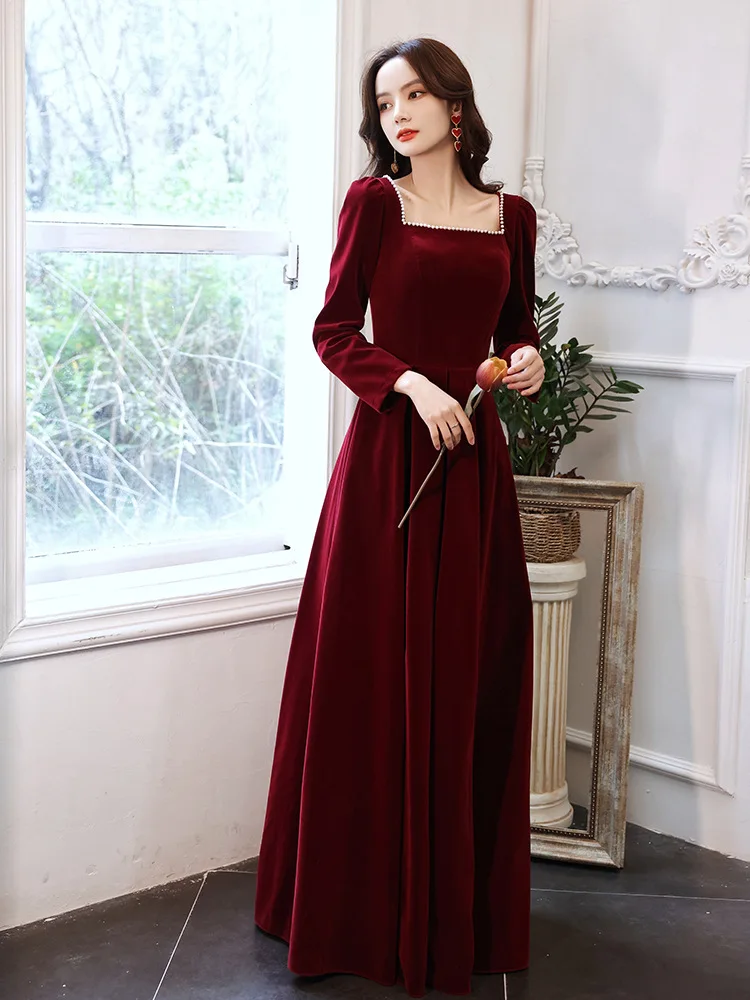 2022 New Chiense Prom Dress Burgundy Cheongsam Velvet Dresses Sexy Gown Princess Evening Party Velour Qipao Pleated Vestidos