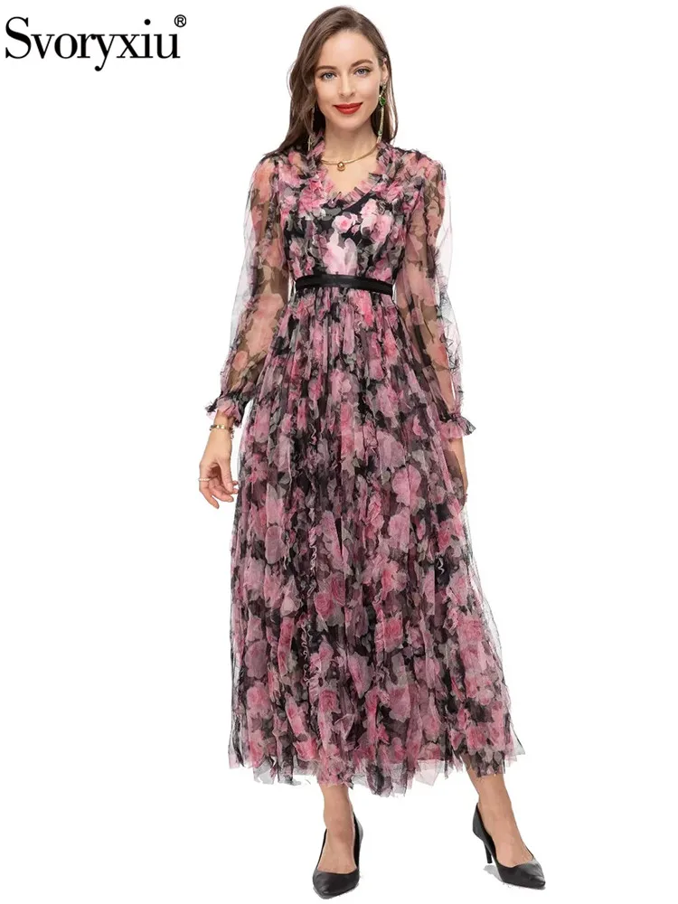 

Svoryxiu Spring Summer Fashion Designer Vintage Gauze Print Ankle-Length Dress Women's Butterfly Sleeve Elastic Waist Dress