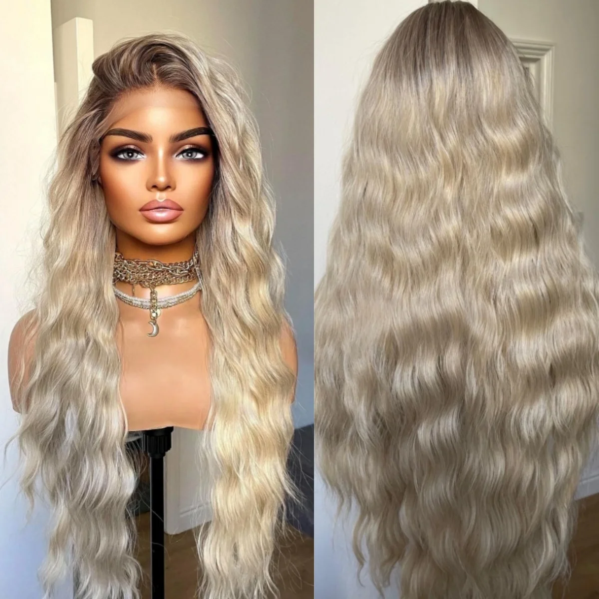 Wig Pirang Berkualitas Tinggi dengan Akar Gelap, Wig Rambut Panjang Bergelombang, Wig Wanita 13X4 HD Transparan Lace Top, Wig Trendi Murah untuk Wanita