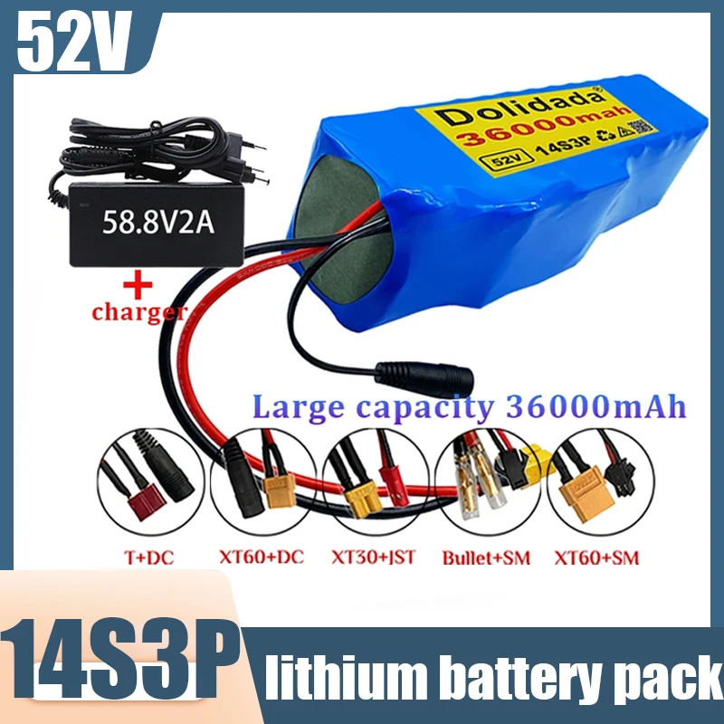 Lithium battery 52V 14S3P 36000mAh 18650 battery pack 1000W for balance bikes, electric bicycles, electric scooters, tricycles