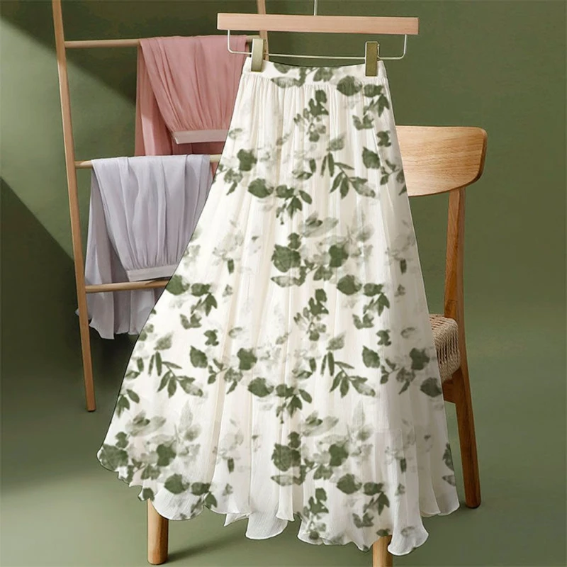 High Street Women's Plant&Flowers Geometric Printing High Waist Elastic All-match Colorful Chiffon Ball Gown Sweet Midi Skirts