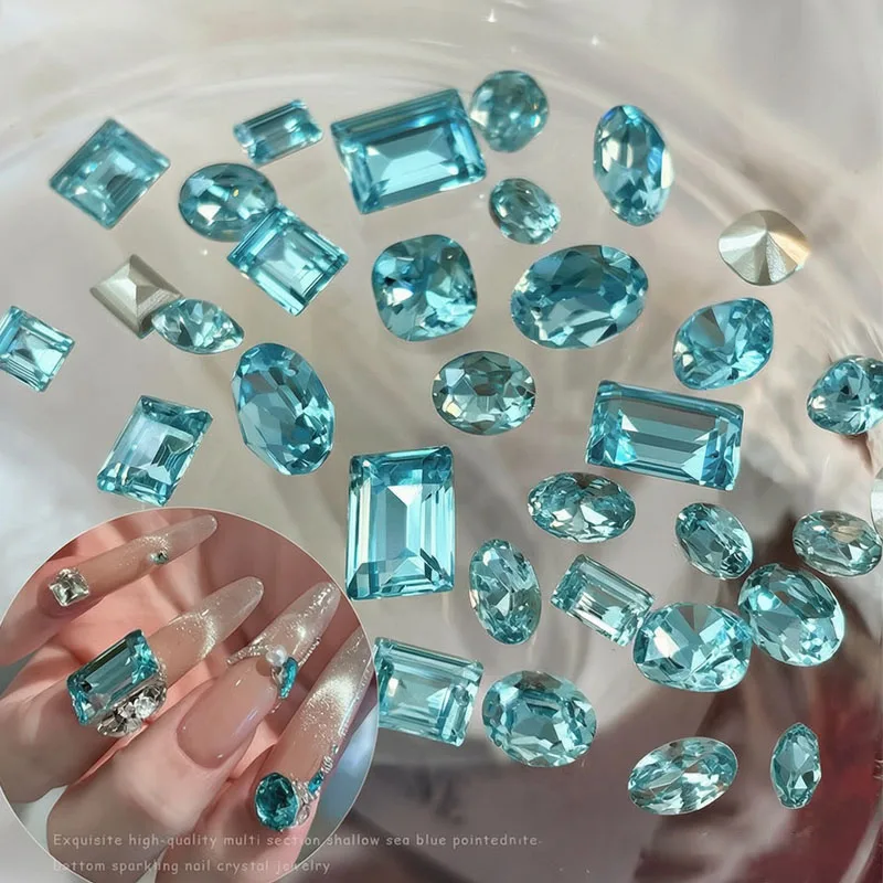 10pcs Blue Nail Art Rhinestone 6-14mm Mixed-shape Ellipse, Rectangle, Square Nail Gemstone 3D Pointed Bling Nail Diamond