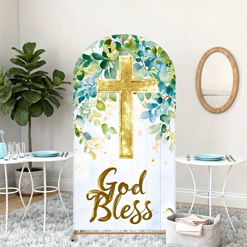 

Двусторонний религиозный фон с крестом и надписью «Благословение», арочный, с зелеными и синими листьями, белым деревянным полом, для церемоний и мероприятий