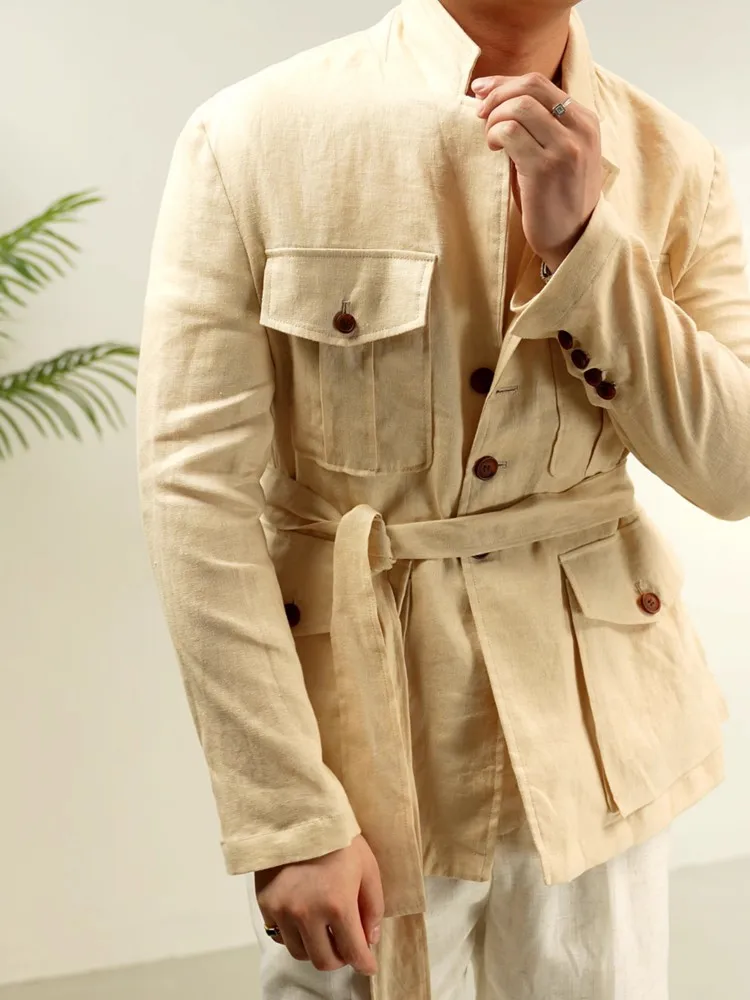 Mens Spring Summer Long Sleeve Thin Style Casual Jacket Breathable Single Breasted Vintage Outerwear Stand Collar Linen Coat