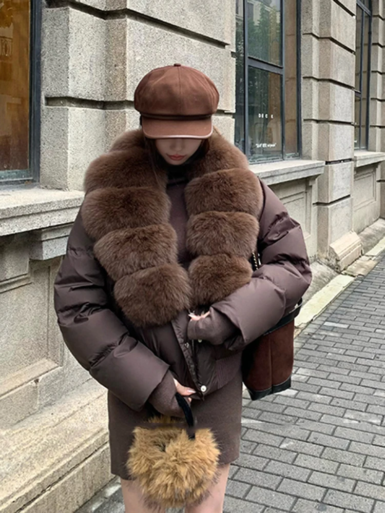 

Зимний натуральный пуховик с большим меховым воротником, женская короткая верхняя одежда на белом утином пуху, женская теплая однобортная утепленная куртка