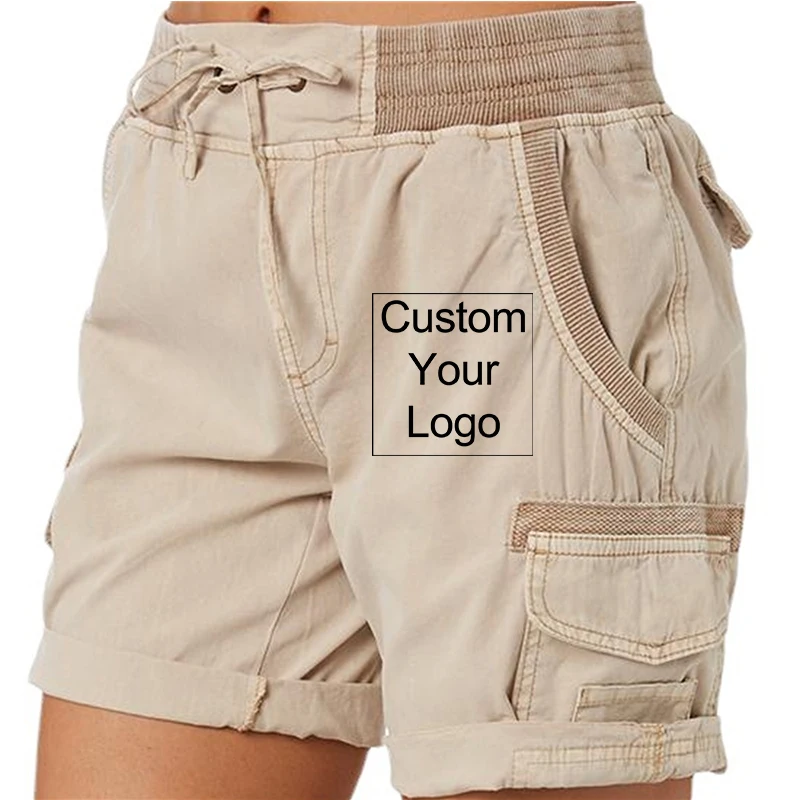 Women Logo Customized Shorts Elastic Cotton Linen Pocket Shorts Summer Beach Solid Color Sliming Comfot Breathable