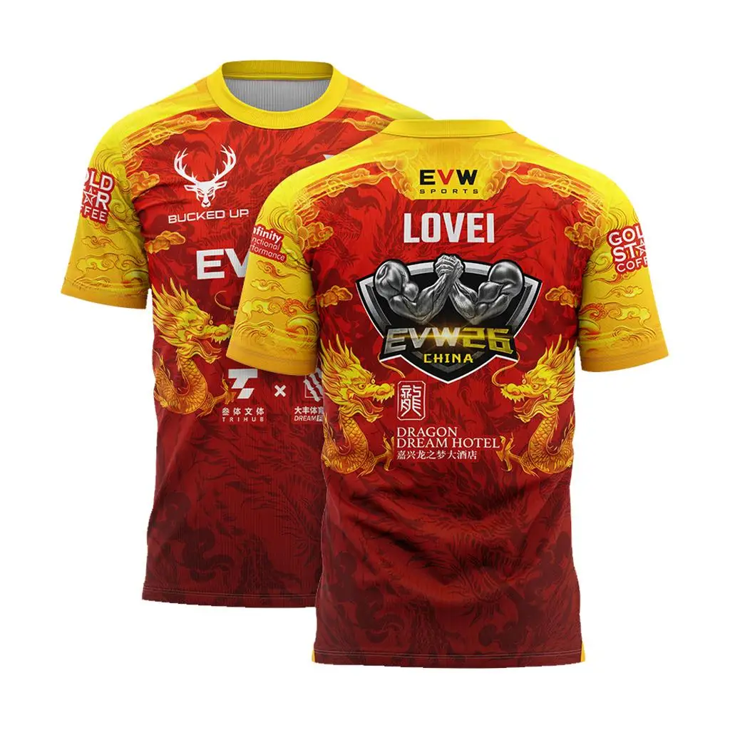 EVW26 East Vs West Armwrestling Jersey Ethan Lovei Chinese Dragon Print Breathable T Shirt Men Sports Training Crew Neck Tee