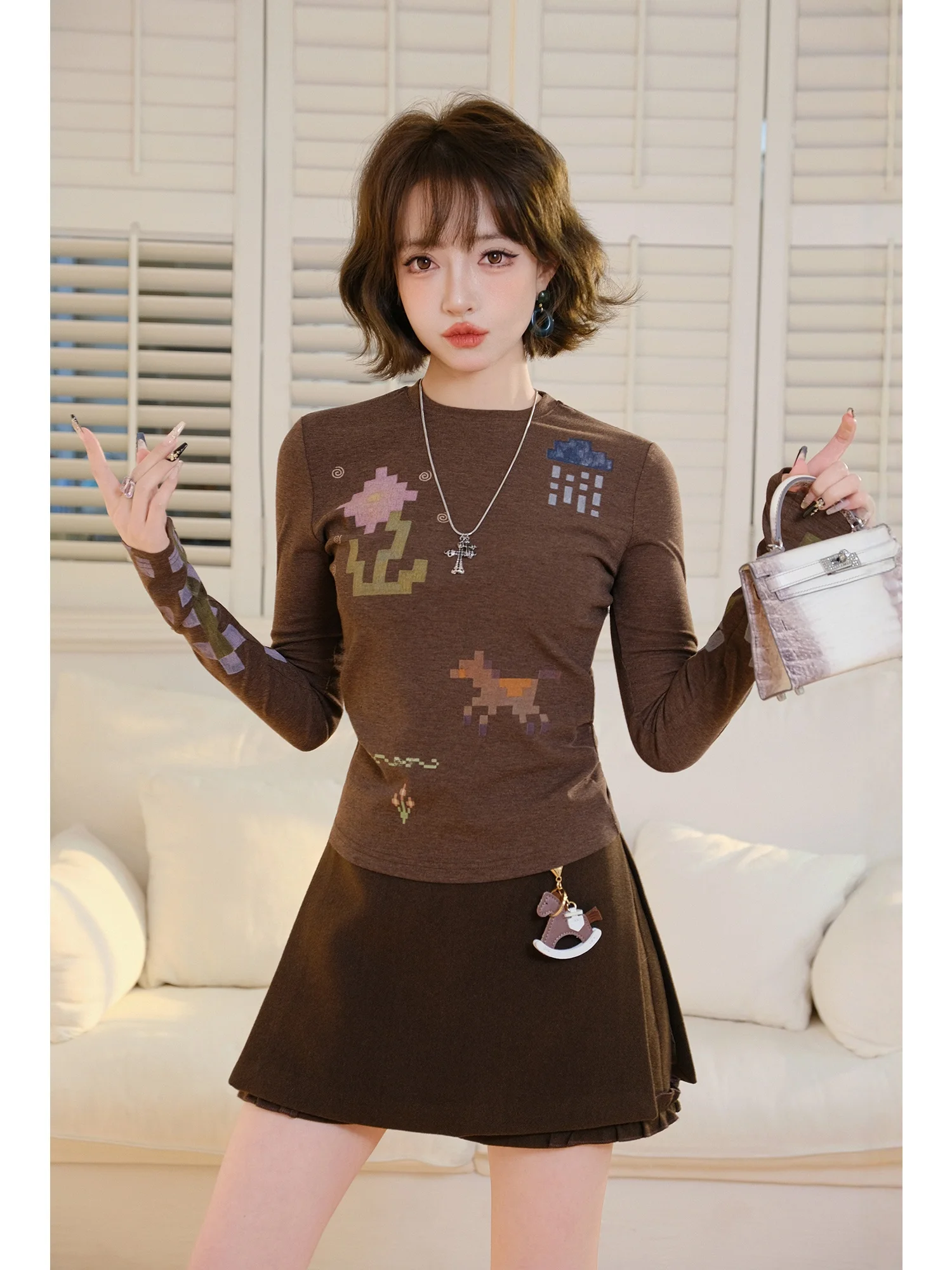 

Женская футболка MIUCO в корейском стиле с пиксельной мозаикой, длинным рукавом, эластичная, облегающая, базовая, повседневная, с круглым вырезом, с принтом, весенняя