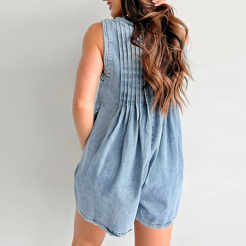 2024 Jumpsuit Jumpsuit Met V-Hals Voor Dames Casual Holle Mouwloze Shorts Romper Sexy Mouwloos Geplooid Zomer Denim Playsuit