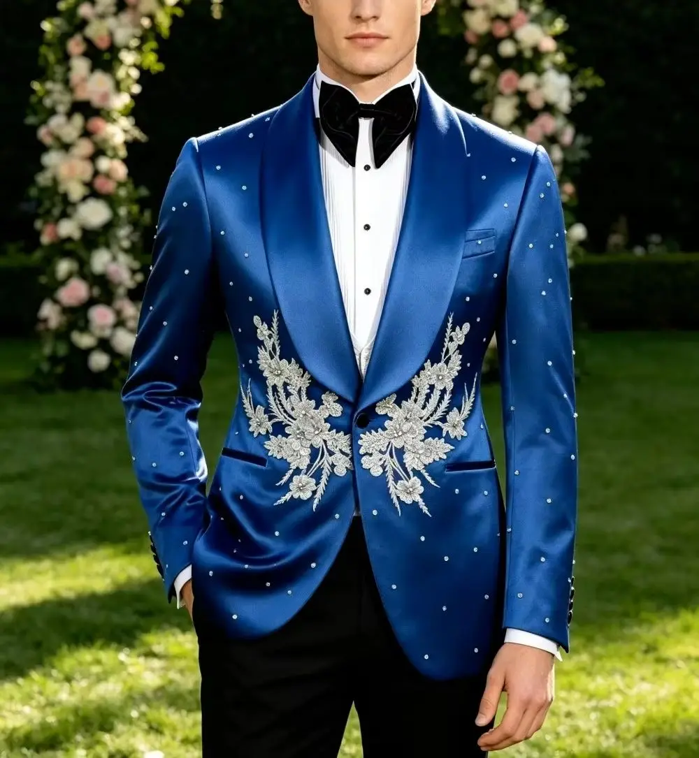 Men Royal Blue Satin 2 Piece Tuxedo Shawl Lapel Silver Floral Crystals Rhinestone Blazer Black Pants Wedding Vacation Customized