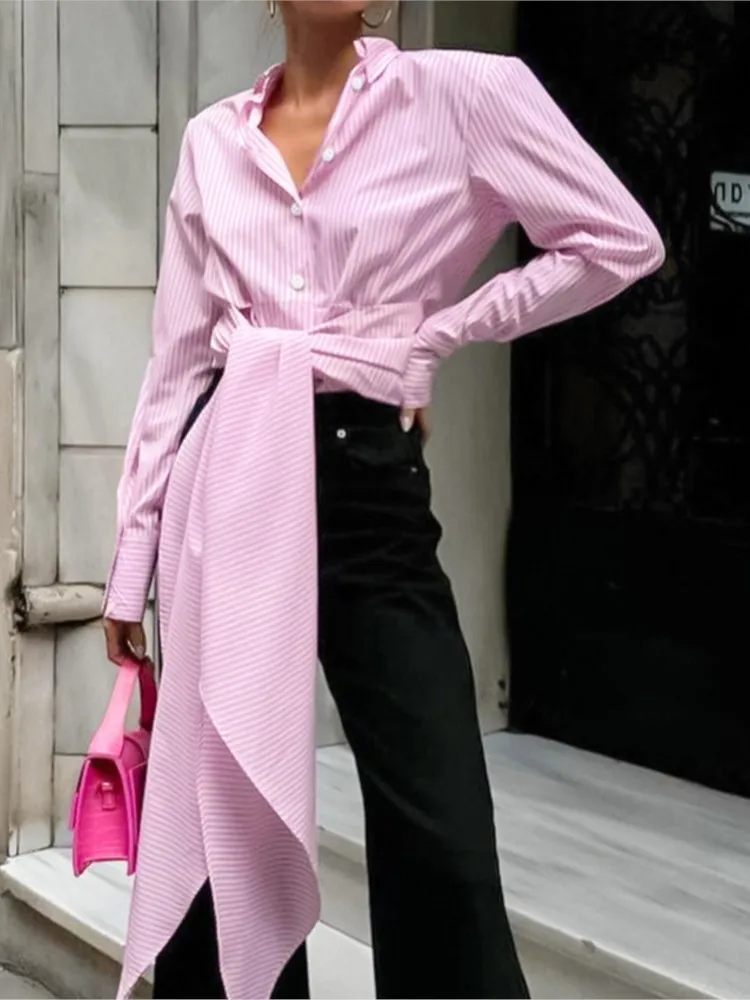 French Style Long Tie Fashion Striped Single Breasted Shirt Spring Autumn Women Wear Long Sleeved Commuting Irregular Short Top