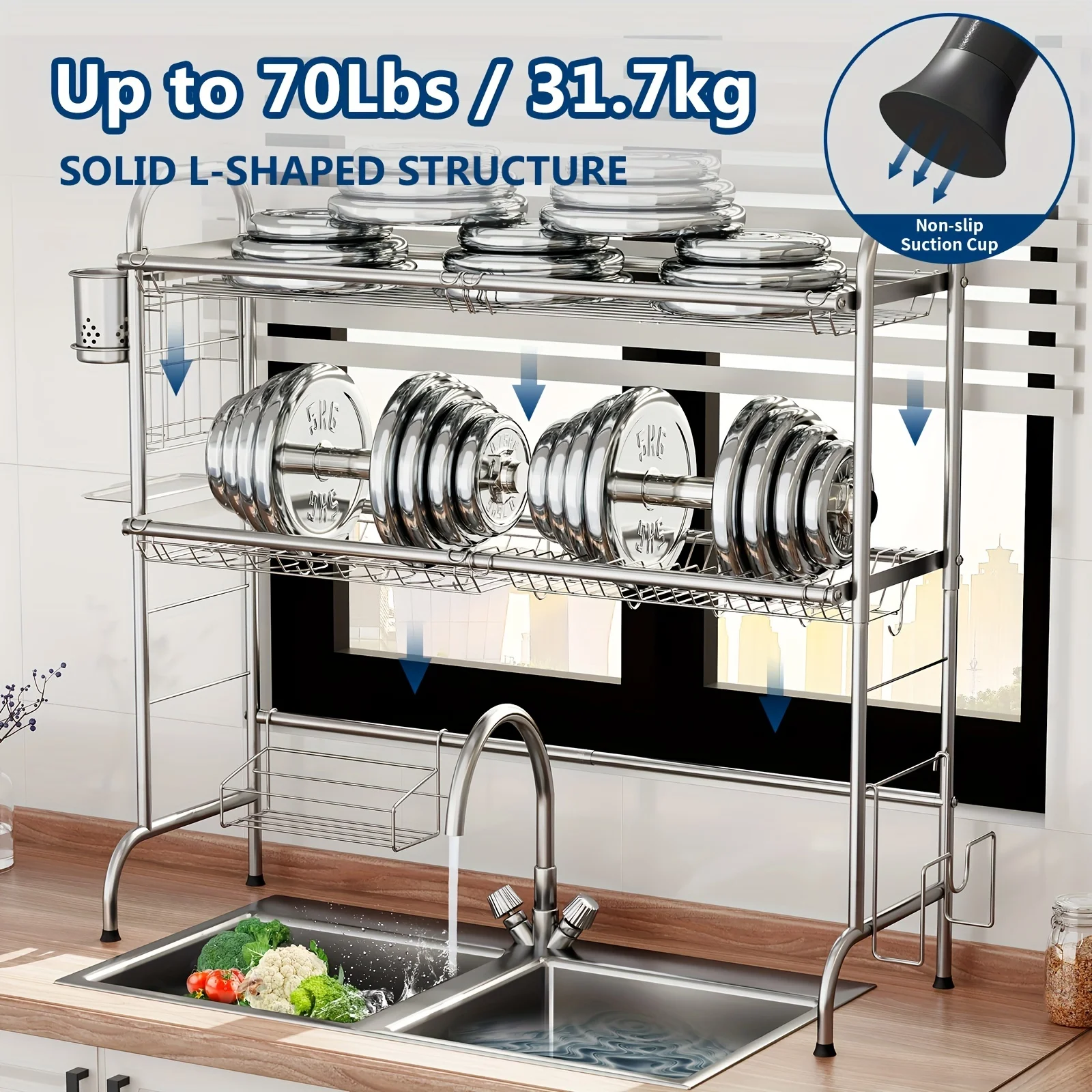 

Stainless Steel Dish Drying Rack with Utensil Holder - 2 Tier Large Dish Rack for Kitchen Counter-Space Saving Kitchen Organizer