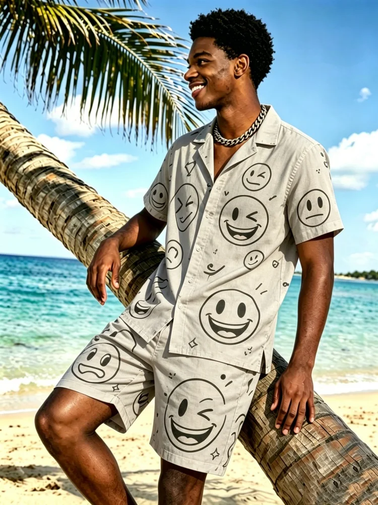 

Men's Short Sleeve Lapel Shirt & Shorts Set, Loose Comfort Funny Emoji Print Casual Summer Outfit