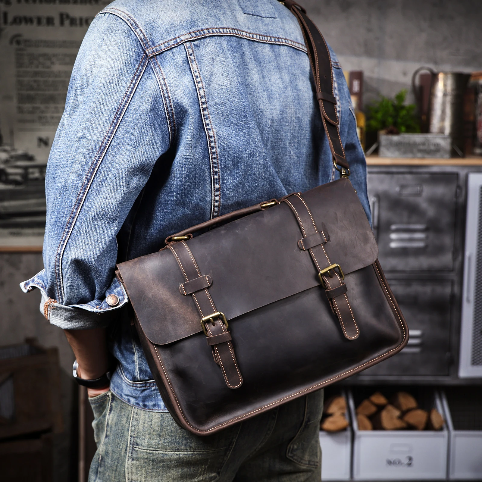 Vintage handgefertigte Aktentasche aus Crazy-Horse-Leder für Herren, echte Leder-Umhängetasche, Dual-Use-Laptop-Rucksack – Detail 6