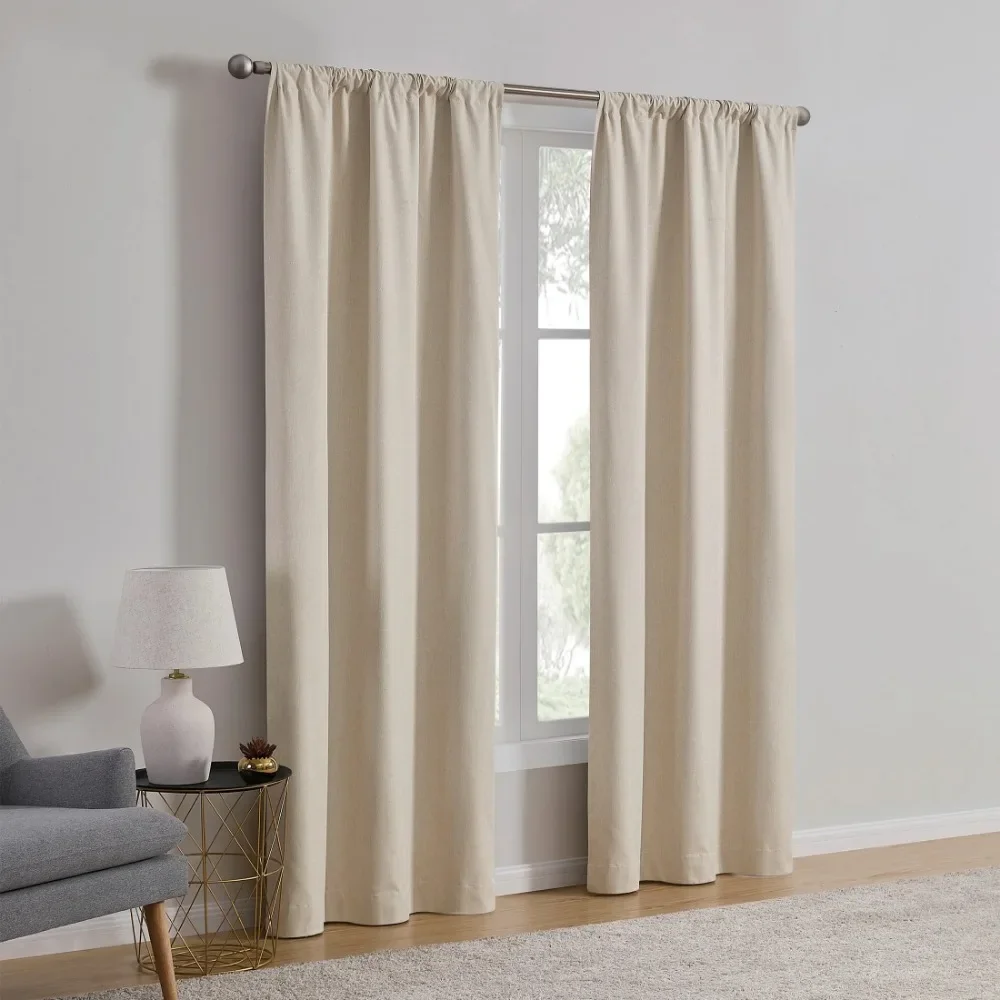 2-Piece Linen Look Beige Rod Pocket Blackout Curtain Set, 37 x 84