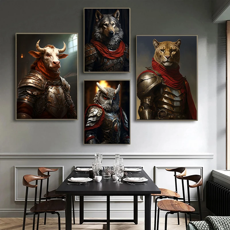 Animal Knights Lion Wolf Rabbit Horse Cat Panda Owl Leopard Pug Cow Deer Posters Canvas Painting Prints Wall Picture Home Decor