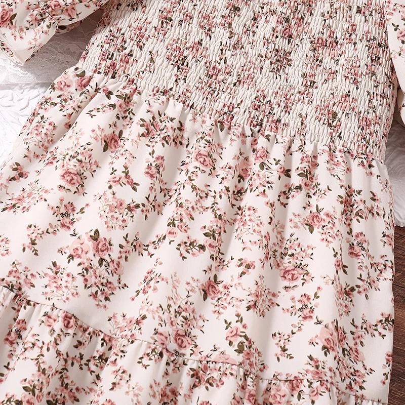 New Summer Kids Teenager Women Square Neck Puff Sleeve Printed Summer A-Line Shirred-Bodice Dress Korean Style Casual Clothing
