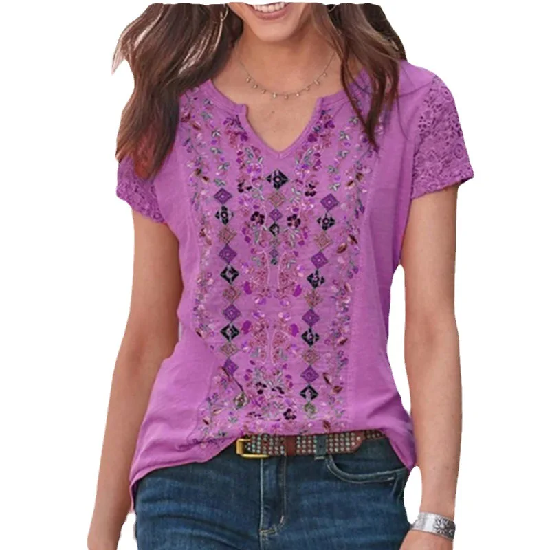 Camiseta holgada con estampado Floral para mujer Fre Sweet Sle ort Sve, longitud media, Dr, otro Material, Top Floral suave para mujer