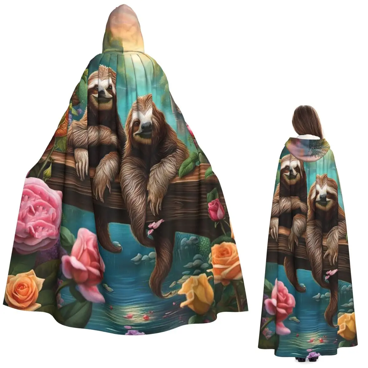 

Прекрасный длинный плащ с капюшоном и принтом ленивца, средневековый костюм ведьмы, накидка для косплея, накидка на Хэллоуин, вампир, для взрослых, унисекс