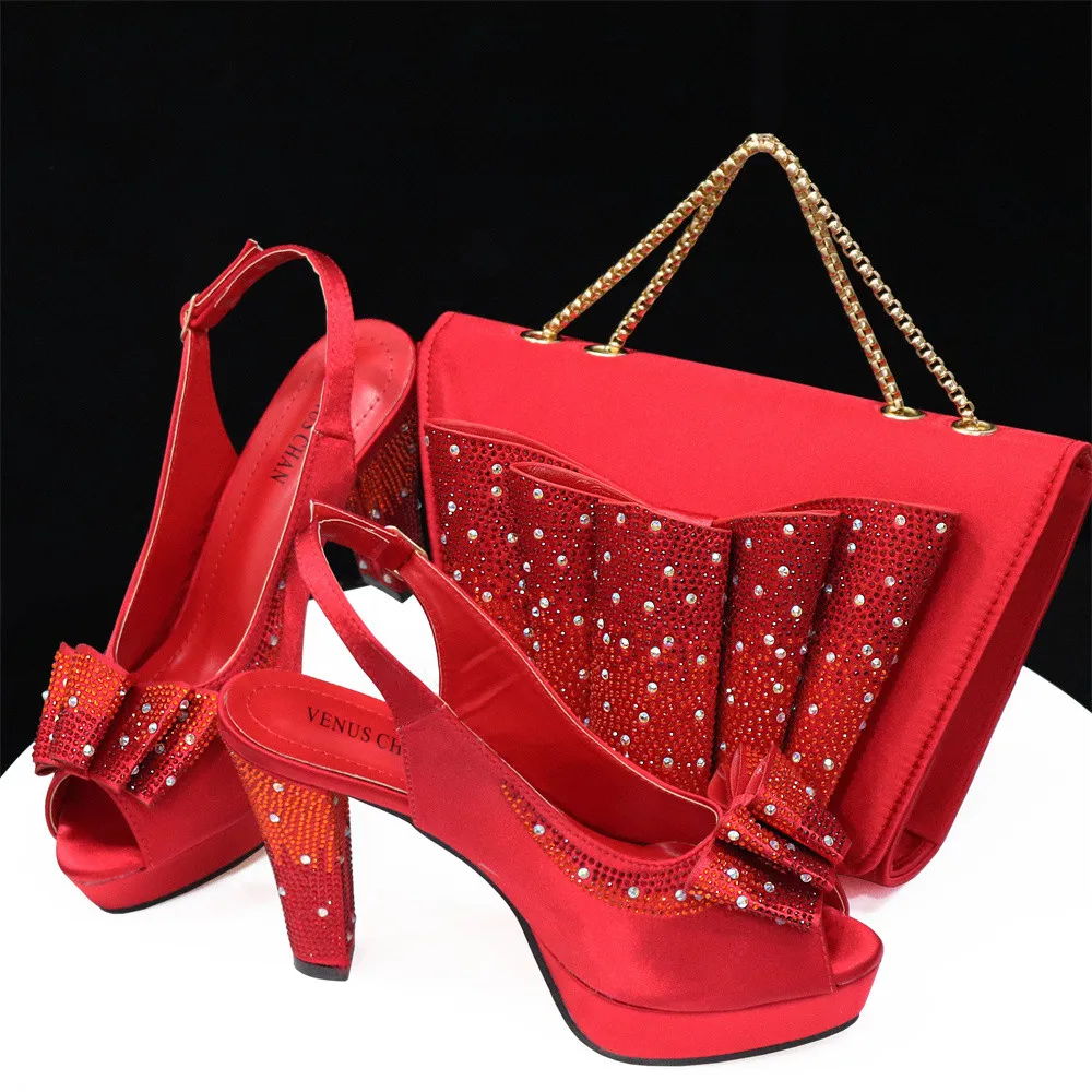 2024 New Design African Red Color Women Shoes Matching Bag Set Peep Toe Sandals with Shinning Crystal for Wedding Party