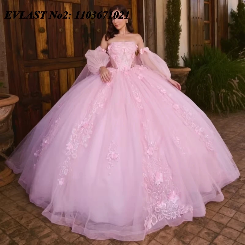 

EVLAST блестящее розовое платье Quinceanera по индивидуальному заказу, бальное платье с цветами и аппликацией, корсет с бисером, Sweet 16, Vestidos De 15 Anos E2Q20