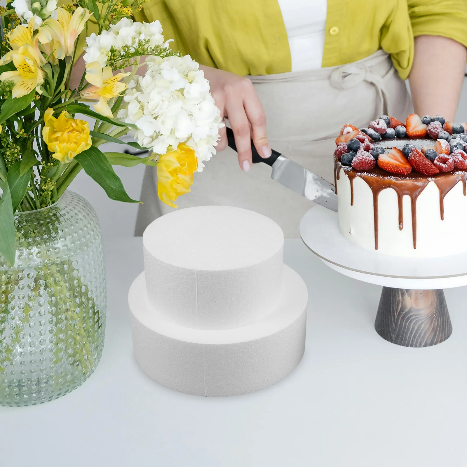 

3Pcs Round Foam Cake Dummy Mold Tall Tiered Fake Cake Practice DIY Decorating Wedding Birthday Supplies White Foam Rounds