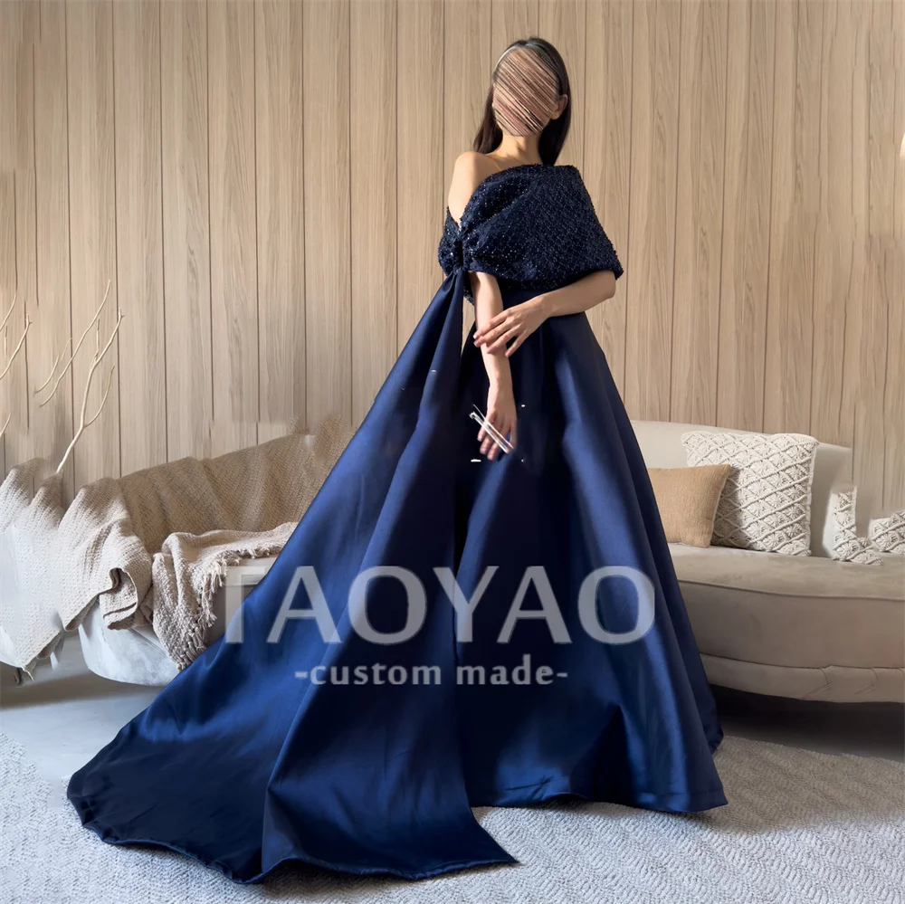 

Charming A Line One Shoulder Evening Dresses Navy Blue Elegant Party Dresses With Sequins Prom Gowns Robe De Soirée Vestido