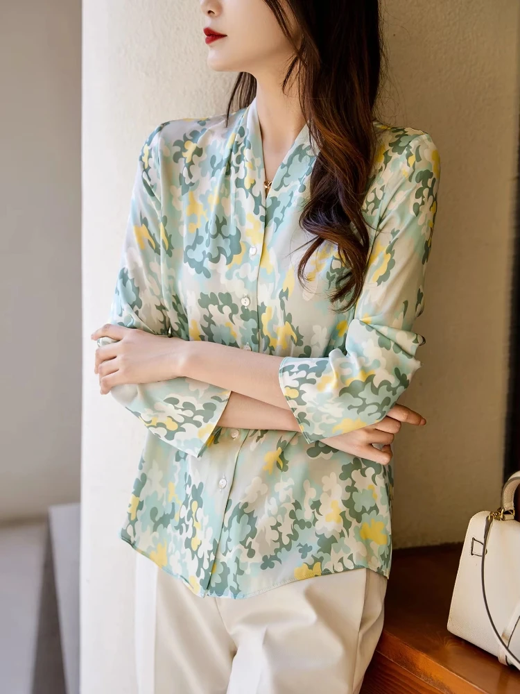 New arrived deep-V neck women blouses Fashion printed ladies shirts 2025 Spring Summer Button-Down Tops