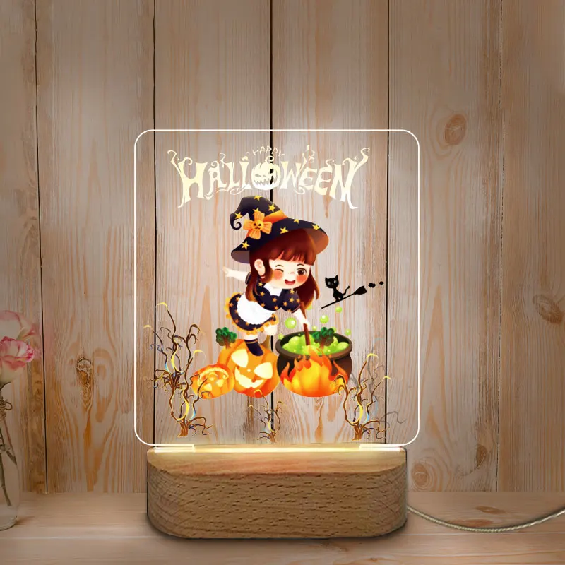 Personalized Night Lamp Color Printing USB LED Night Light for Home Baby Mother Room Wooden Base NightLight Halloween Decoration