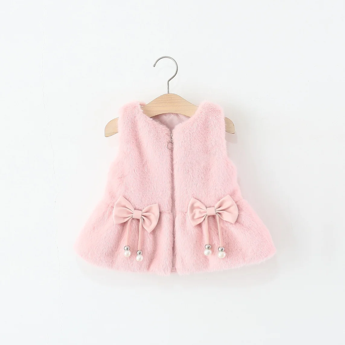 

Elegant Girls Party Costume Plush Fashion Solid Color Zipper Sleeveless Coat with Bow Autumn Winter Baby Girl Vest