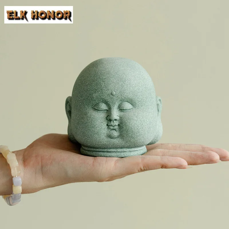 Green Sandstone Buddha Head Desktop Ornament Creative Bodhisatva Tea Pet Vintage Tea Figurine Tea Statue Cha Decoration Gifts