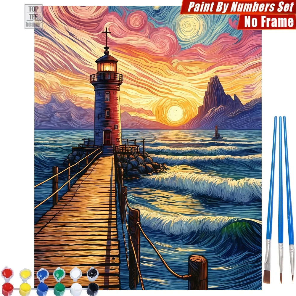 Set de Pintura Digital al Óleo Atardecer en el Muelle del Faro - Decoración de Pared con Olas y Atardecer en el Faro, Regalo para el Día del Maestro
