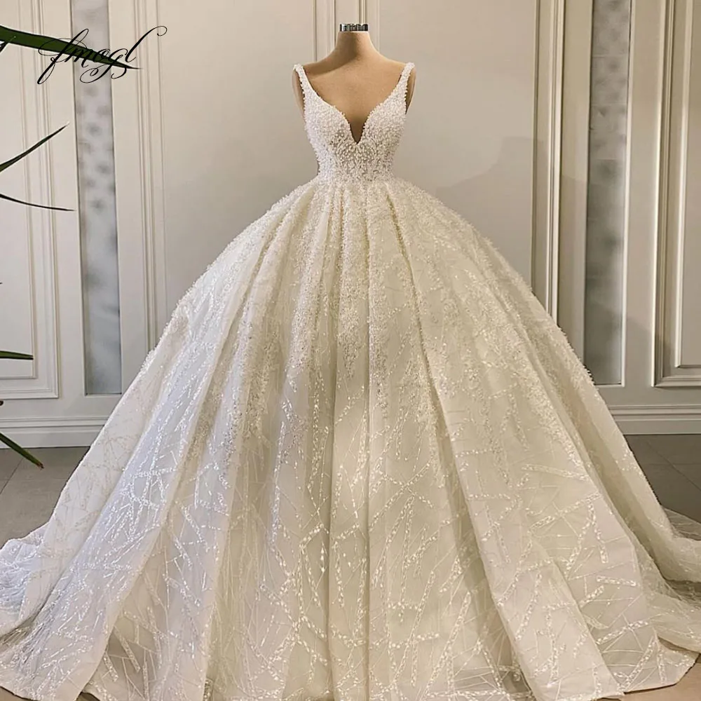 

Customized Sweetheart Sleeveless Ball Gown Wedding Dresses Lace Beaded Sequined Princess Vestido De Novia Luxury Bridal Gowns