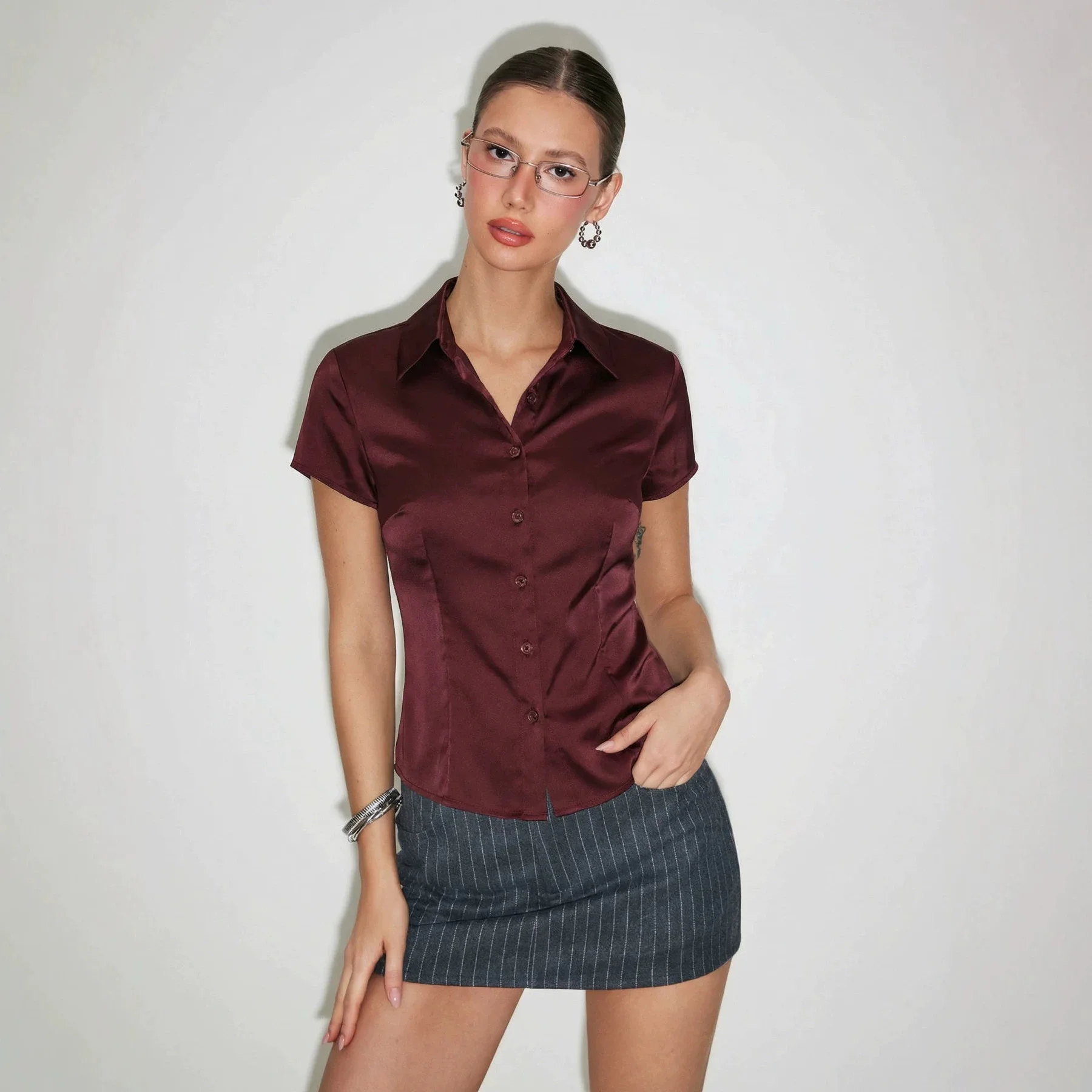 Satin Premium Slim-fit Short-sleeved Shirt Women's Waist Slim Lapel Commuter Top