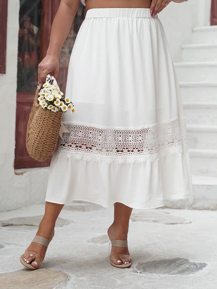 GIBSIE Plus Size Contrast Lace Elastic Waist A-Line Skirt Women 2024 Spring Summer White Boho Casual Vacation Long Skirts