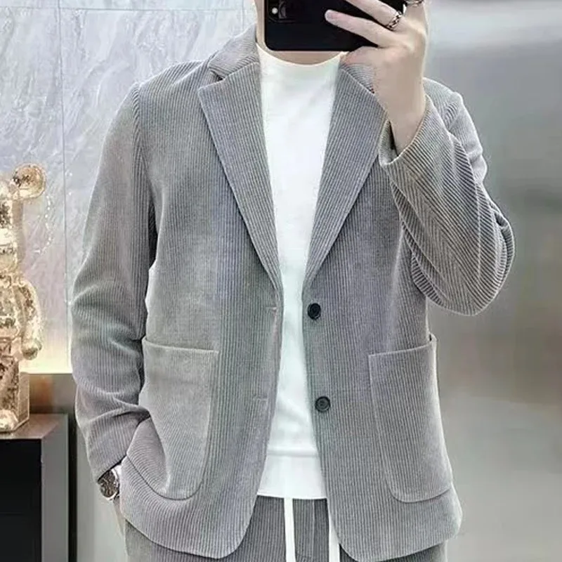 Fashion Suit Men's Spring Autumn Long Sleeve High-end Casual Korean Slim Two-piece Set Solid Wrinkle Blazer With Lining Outfits view 4
